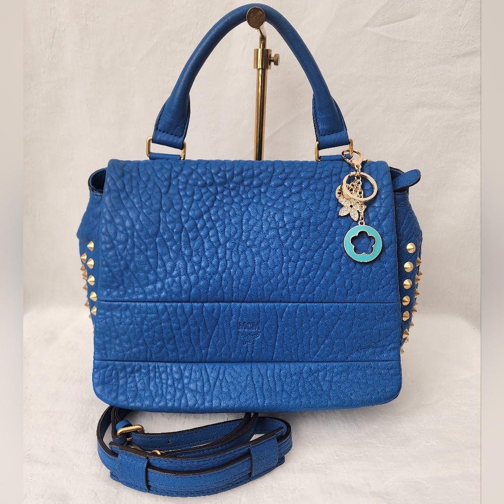 Auth MCM Studded Embellished Blue Handbag